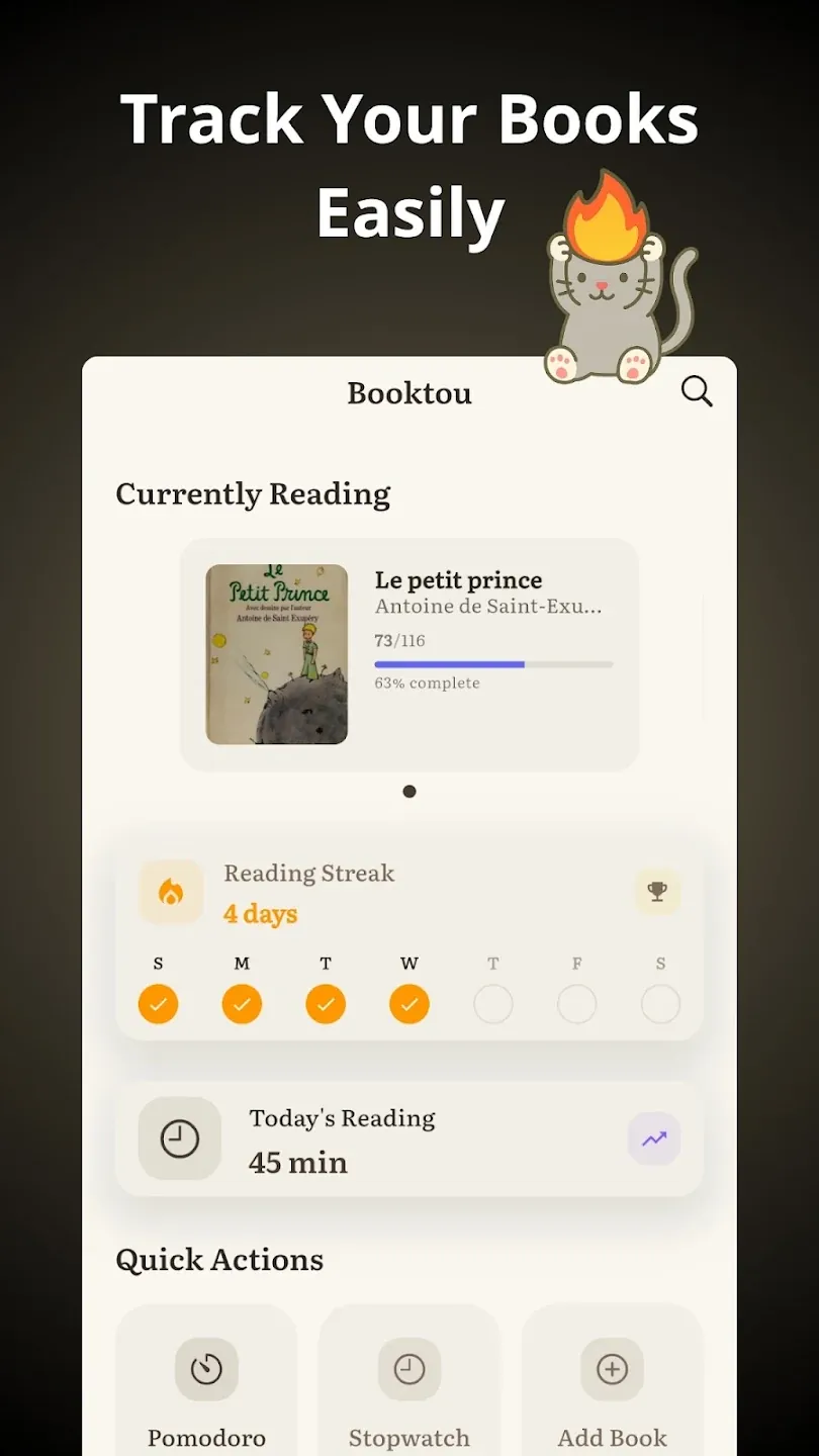 Booktou app showing reading progress and streak